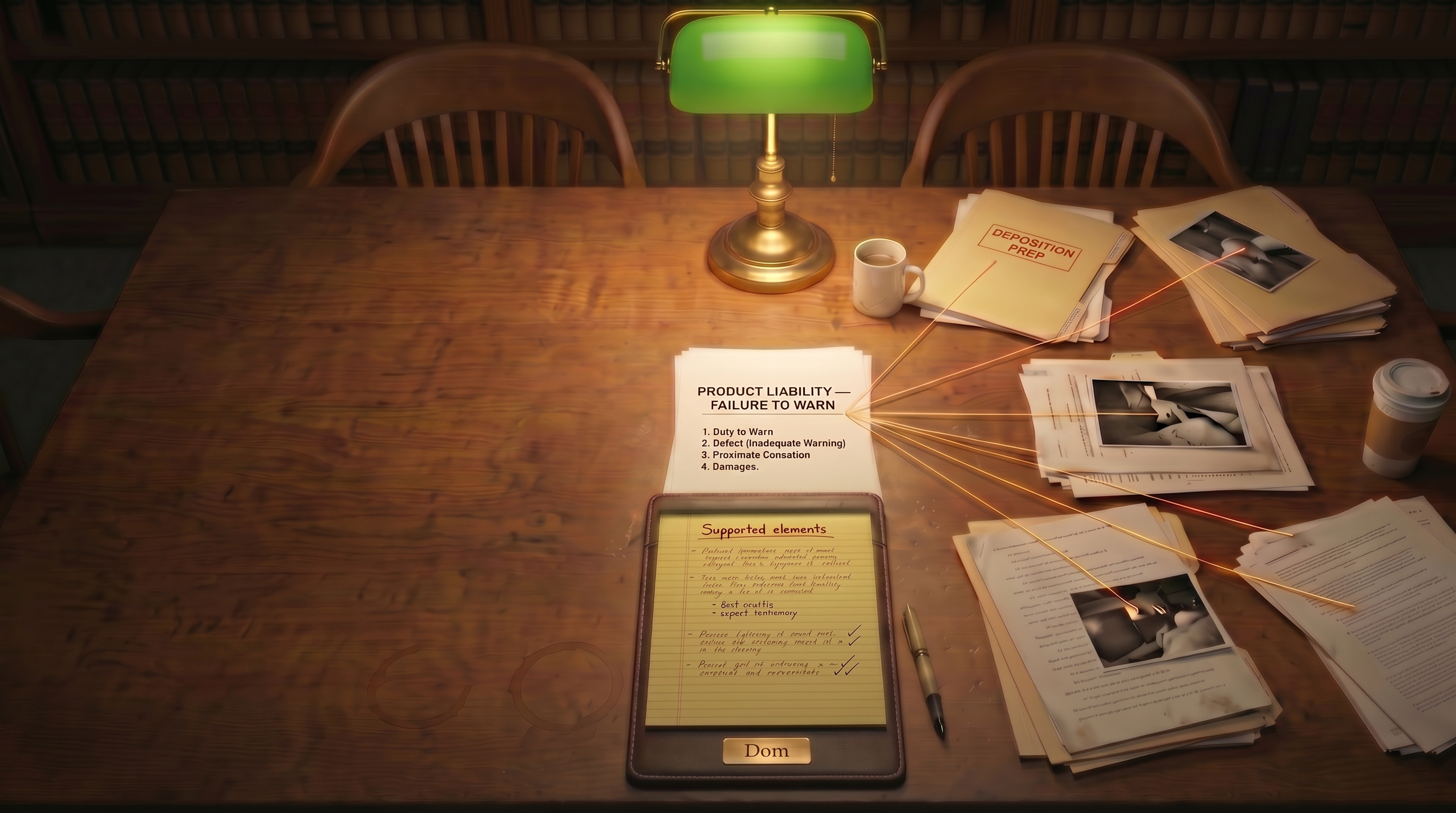 Overhead law-library table under a green banker's lamp: Discovery Files, Deposition Prep, and Plaintiff's Exhibits folders, redacted depositions, and photographs connected by amber thread lines converging onto a central Product Liability — Failure to Warn case-theory memo, with a leather padfolio engraved 'Dom' holding a yellow legal pad headed 'Supported elements' with handwritten partner notes in the foreground